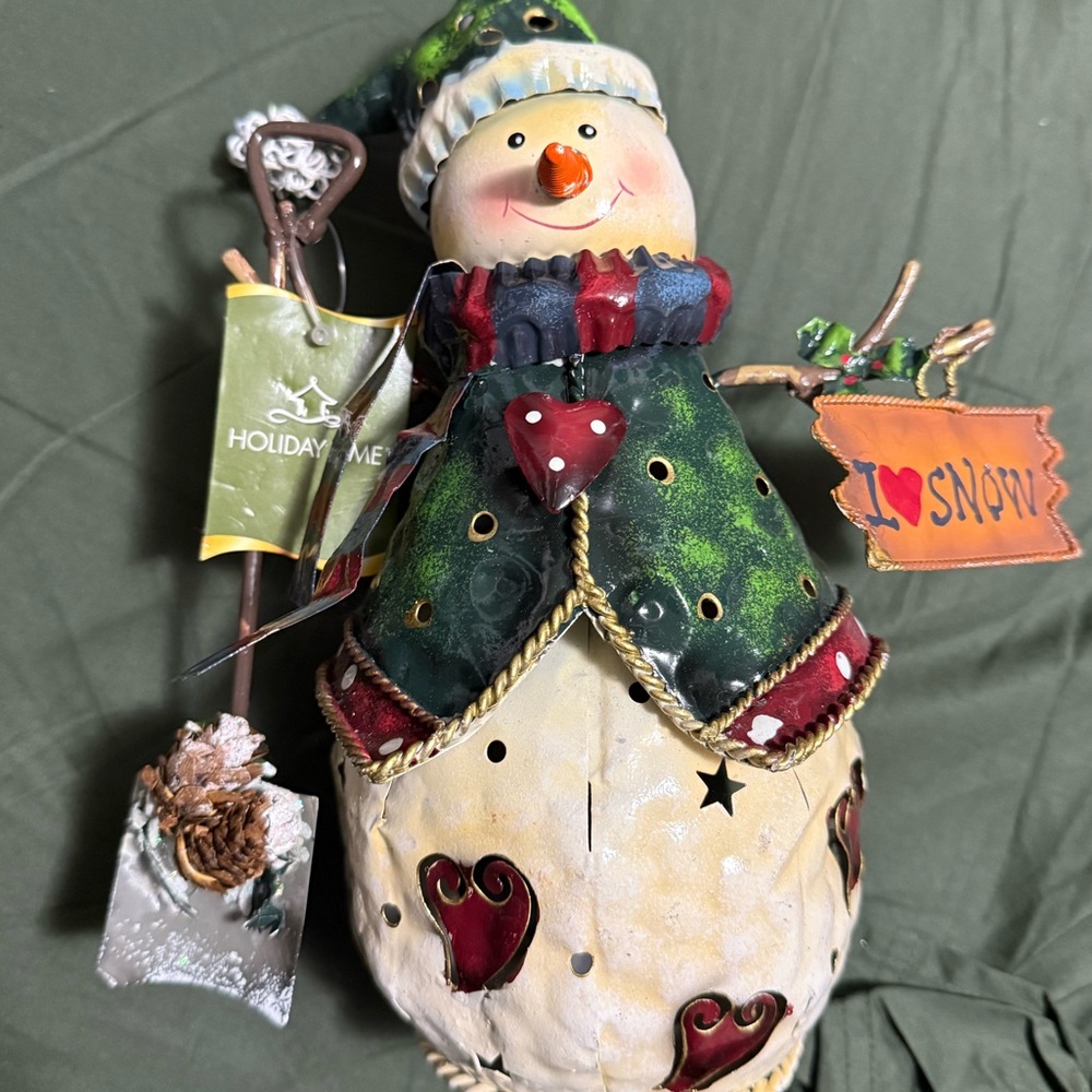 Holiday Time Metal Snowman Tealight Holder Shovel And Sign Christmas Decor